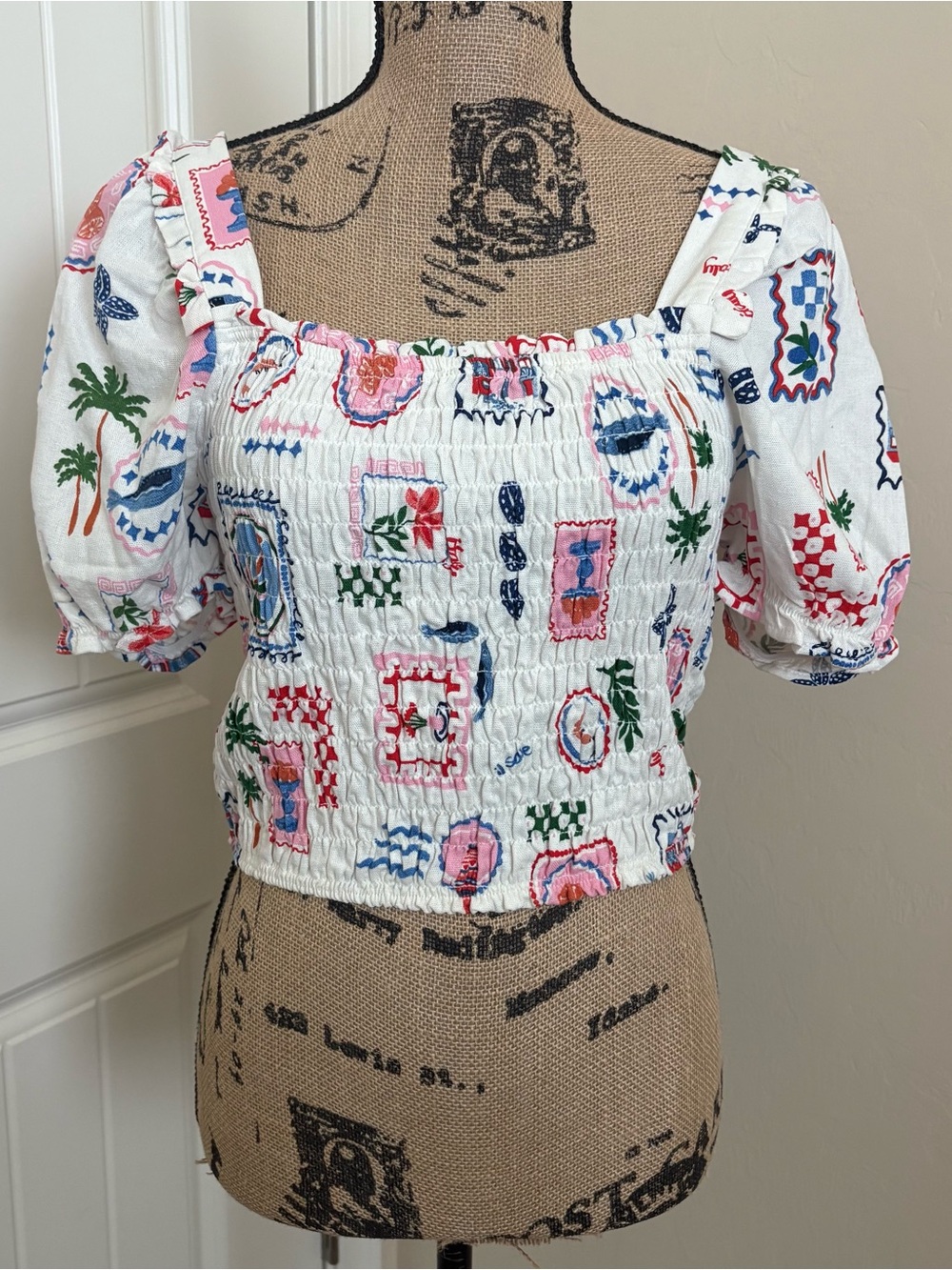 Monteau Italian Summer Fruit & Fish Print Ruched Square Neck Linen Blend Top